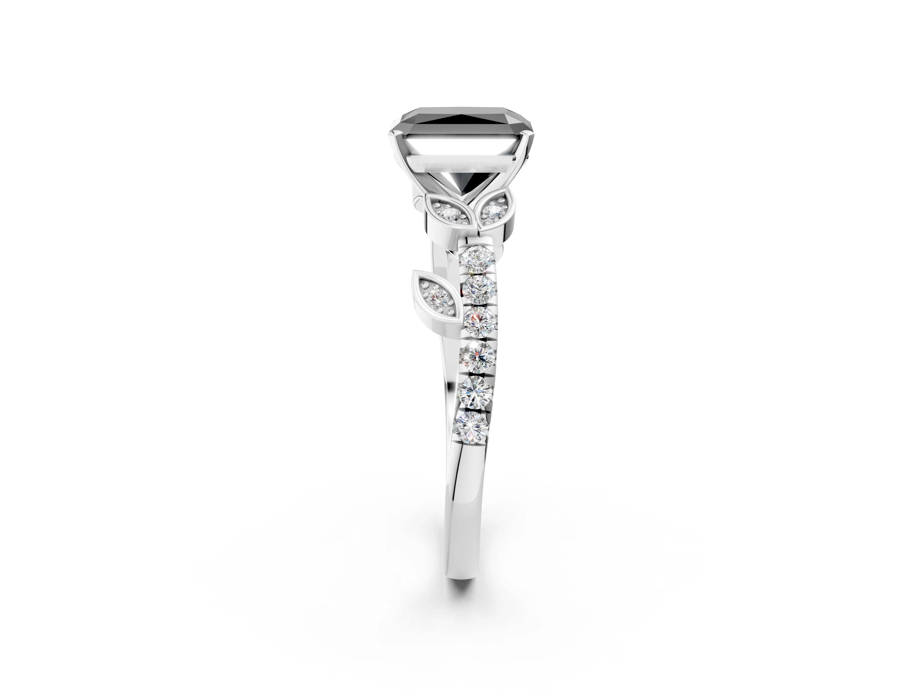 White gold Fancy Black Radiant Cut Solitaire Leaf-Inspired Diamond Ring with Pavé Band and Four-Prong Setting_14