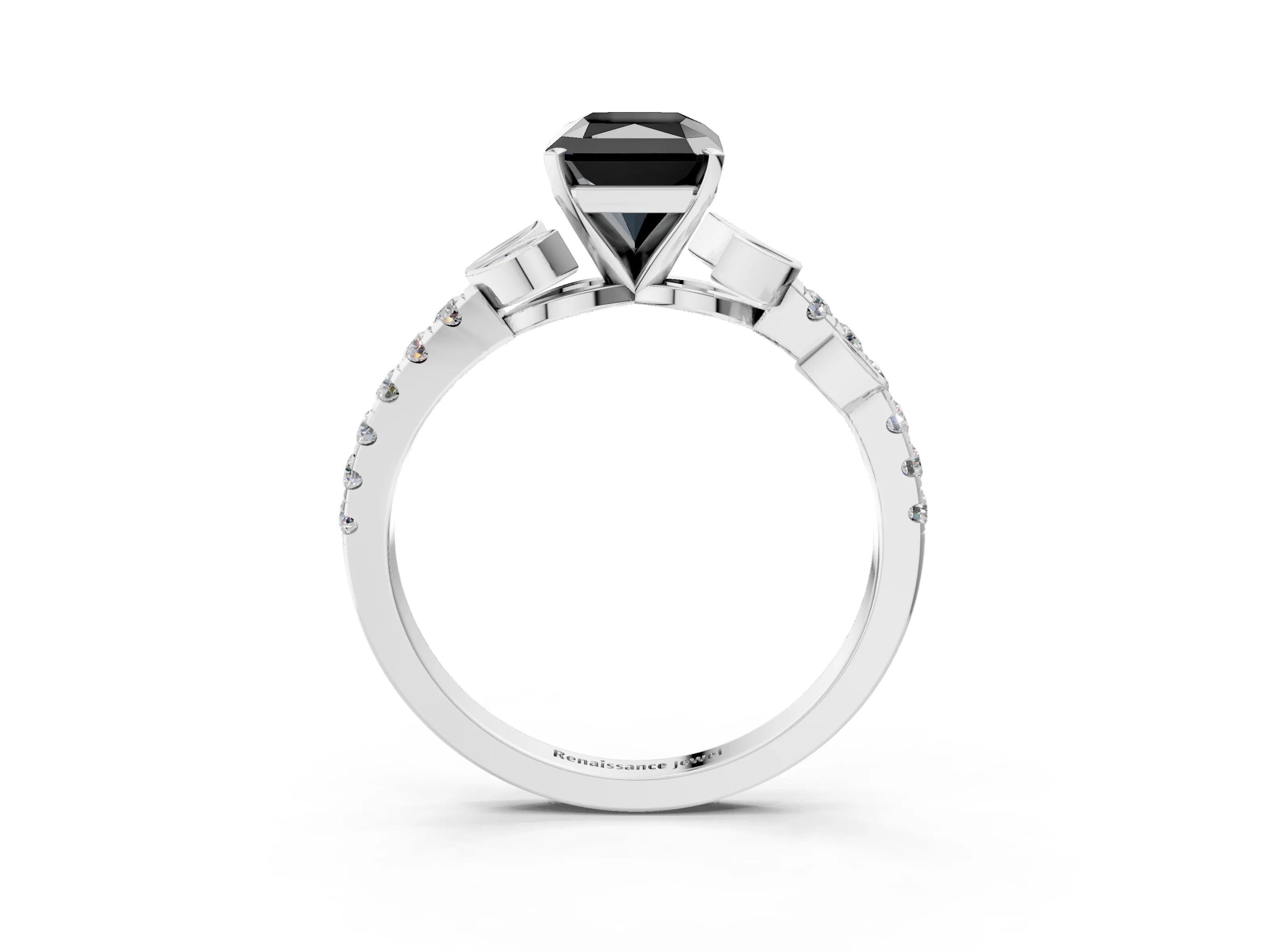 White gold Fancy Black Radiant Cut Solitaire Leaf-Inspired Diamond Ring with Pavé Band and Four-Prong Setting_15