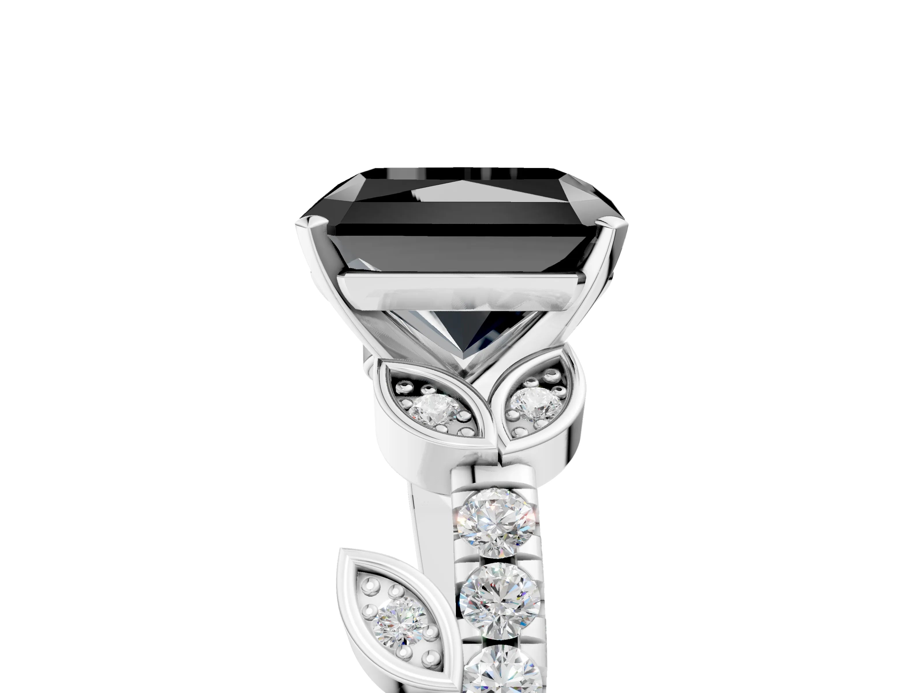 White gold Fancy Black Radiant Cut Solitaire Leaf-Inspired Diamond Ring with Pavé Band and Four-Prong Setting_17