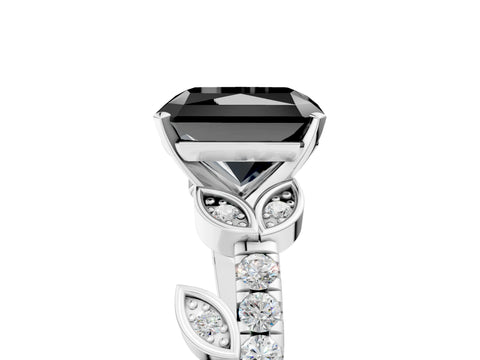 White gold Fancy Black Radiant Cut Solitaire Leaf-Inspired Diamond Ring with Pavé Band and Four-Prong Setting_17