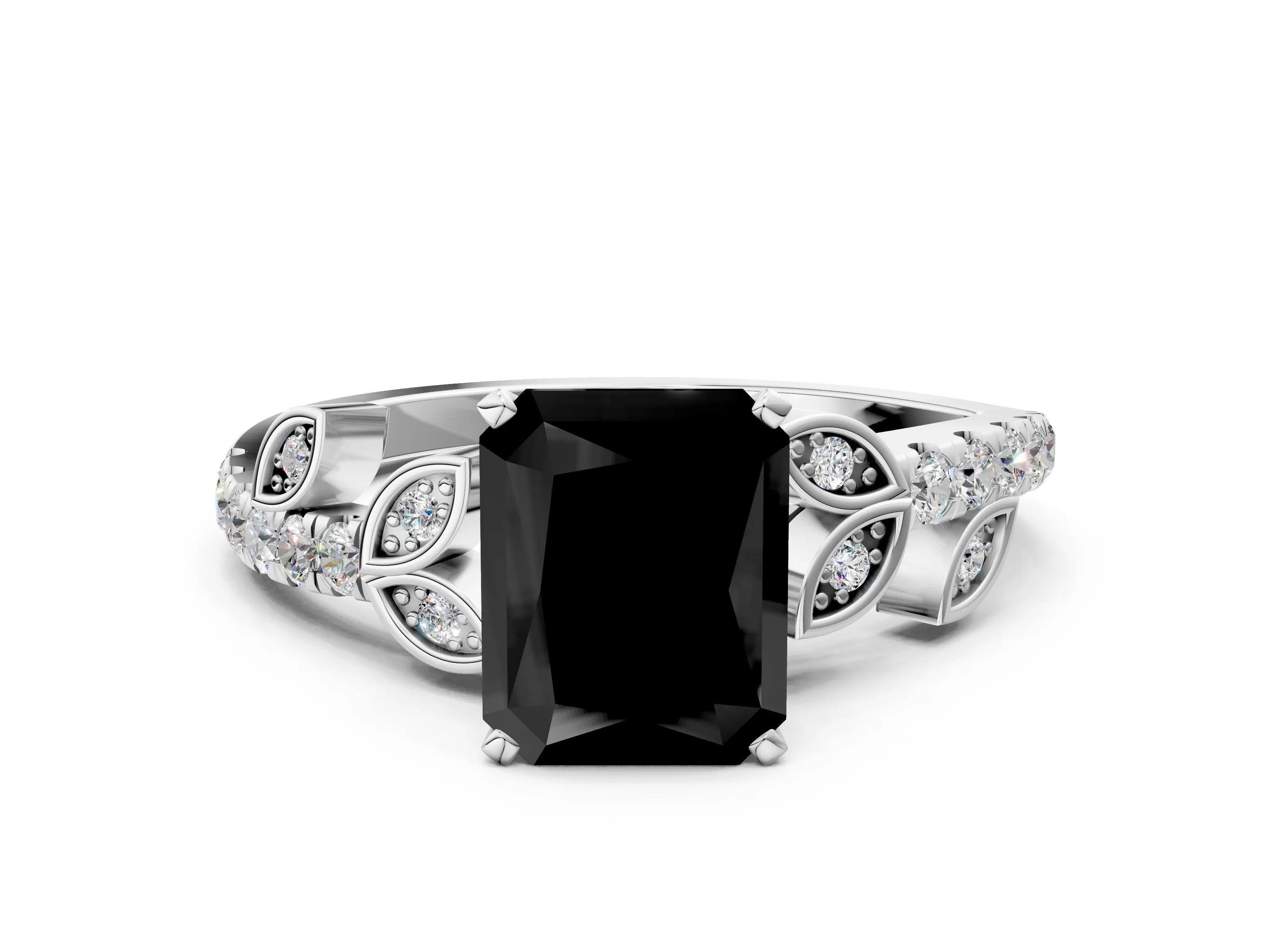 White gold Fancy Black Radiant Cut Solitaire Leaf-Inspired Diamond Ring with Pavé Band and Four-Prong Setting_24