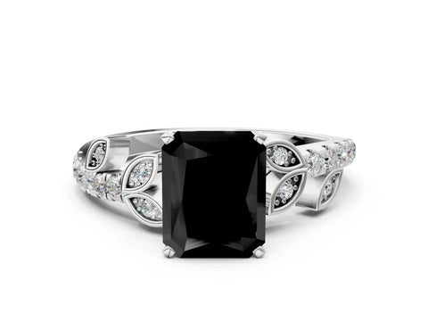 White gold Fancy Black Radiant Cut Solitaire Leaf-Inspired Diamond Ring with Pavé Band and Four-Prong Setting_24