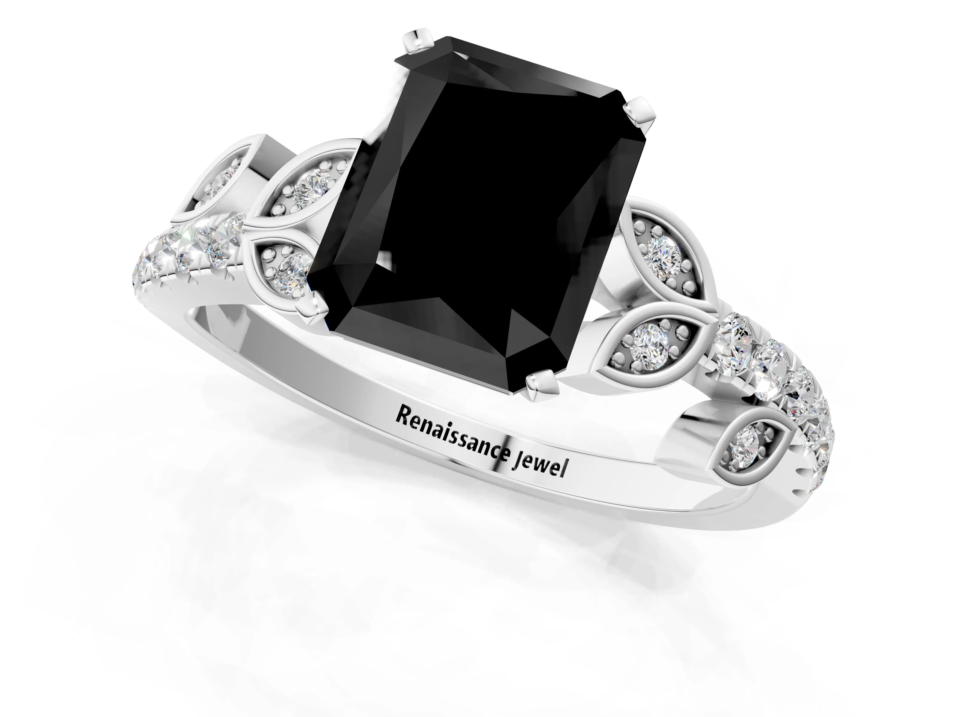 White gold Fancy Black Radiant Cut Solitaire Leaf-Inspired Diamond Ring with Pavé Band and Four-Prong Setting_25