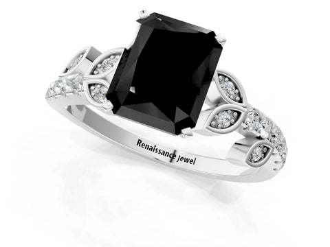 White gold Fancy Black Radiant Cut Solitaire Leaf-Inspired Diamond Ring with Pavé Band and Four-Prong Setting_25