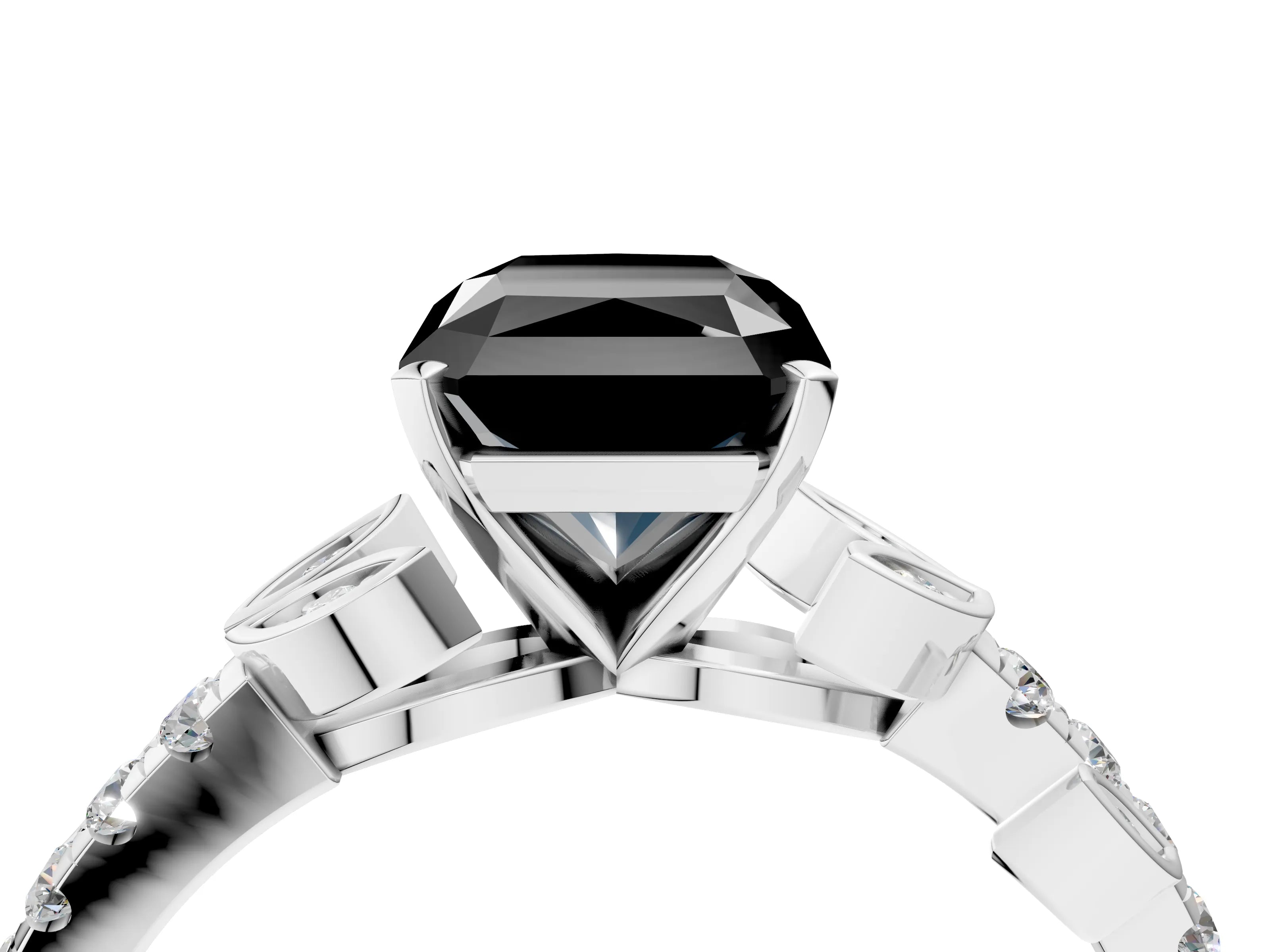 White gold Fancy Black Radiant Cut Solitaire Leaf-Inspired Diamond Ring with Pavé Band and Four-Prong Setting_28