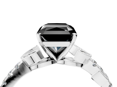 White gold Fancy Black Radiant Cut Solitaire Leaf-Inspired Diamond Ring with Pavé Band and Four-Prong Setting_28