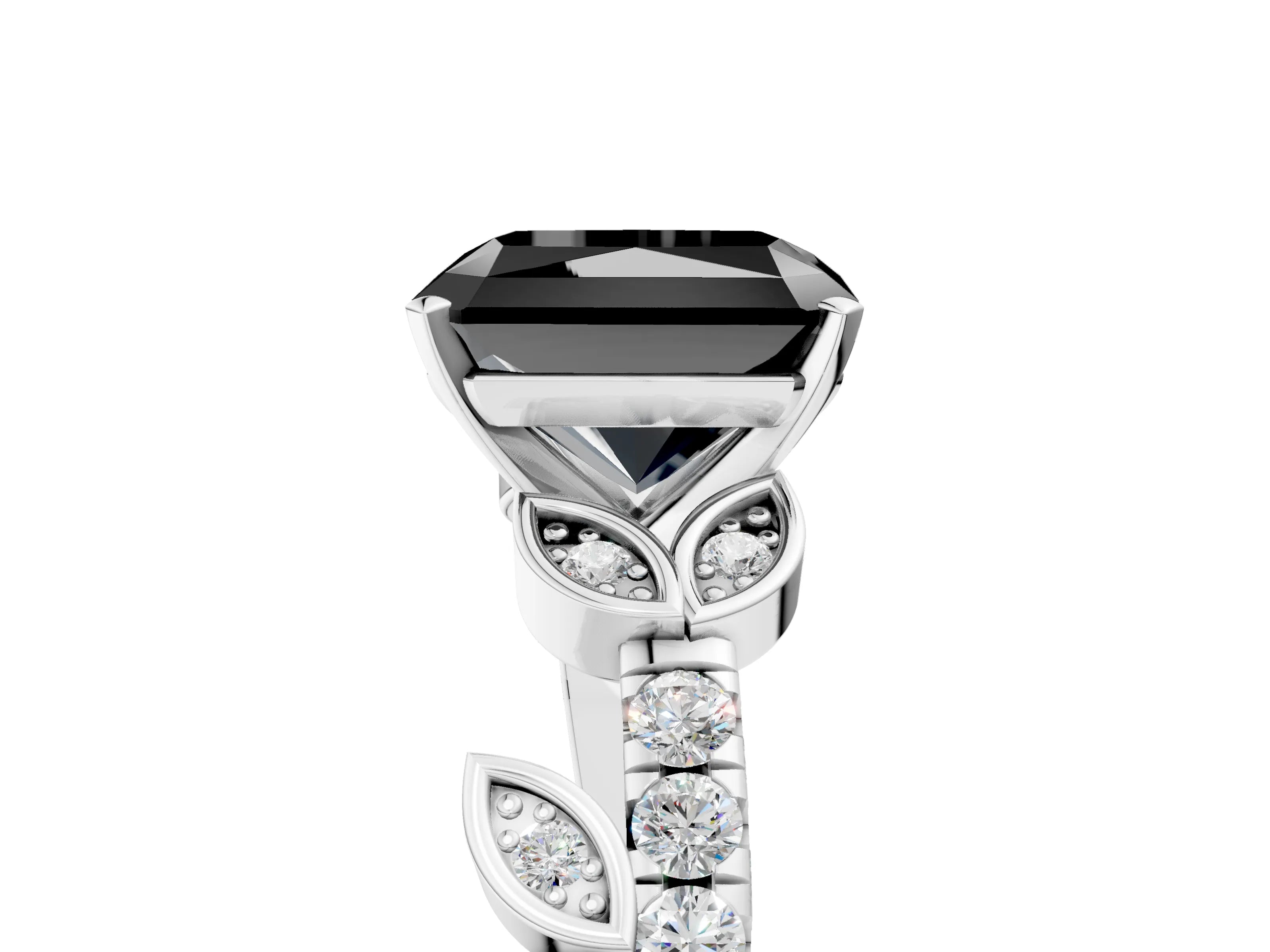 White gold Fancy Black Radiant Cut Solitaire Leaf-Inspired Diamond Ring with Pavé Band and Four-Prong Setting_29