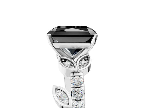 White gold Fancy Black Radiant Cut Solitaire Leaf-Inspired Diamond Ring with Pavé Band and Four-Prong Setting_29
