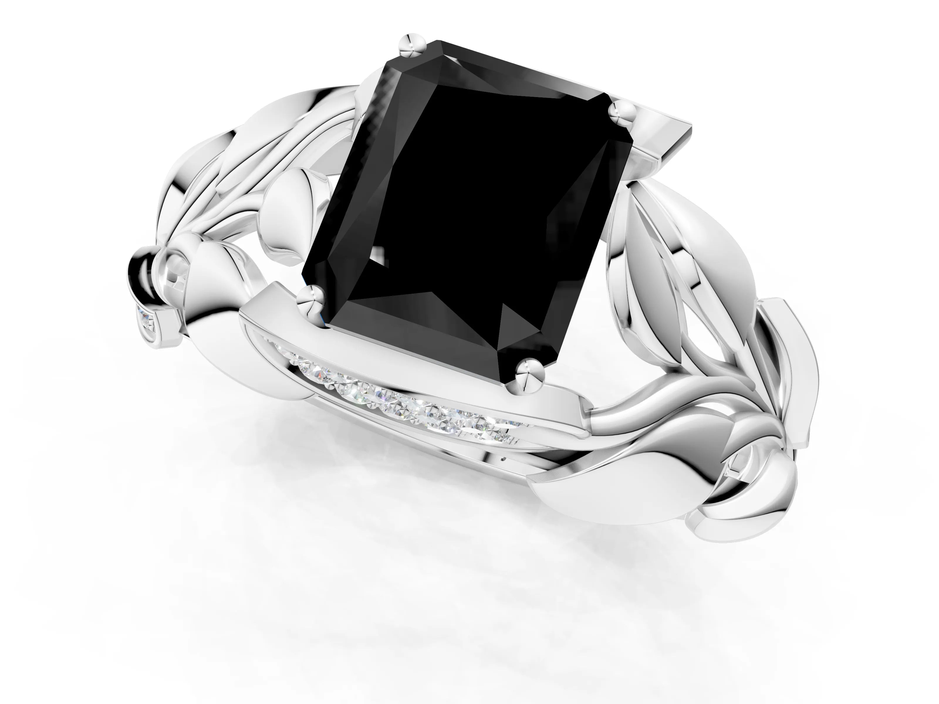 White gold Fancy Black Radiant Cut Solitaire Leaf-Inspired Engagement Ring with Prong Setting_1