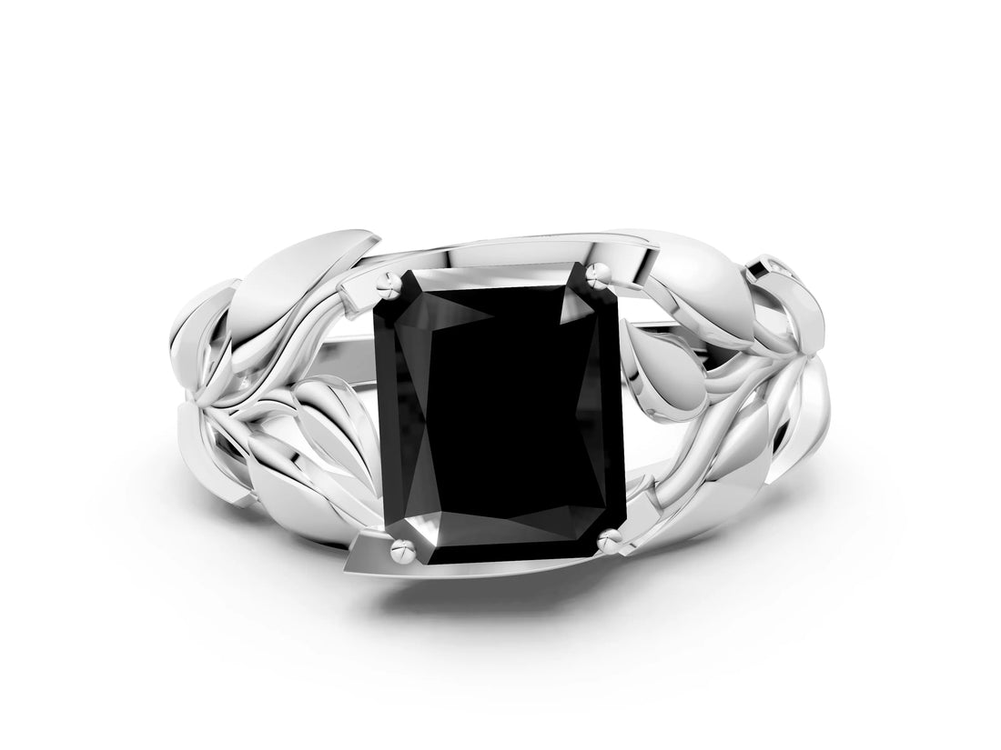 White gold Fancy Black Radiant Cut Solitaire Leaf-Inspired Engagement Ring with Prong Setting_24