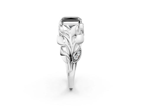 White gold Fancy Black Radiant Cut Solitaire Leaf-Inspired Engagement Ring with Prong Setting_2