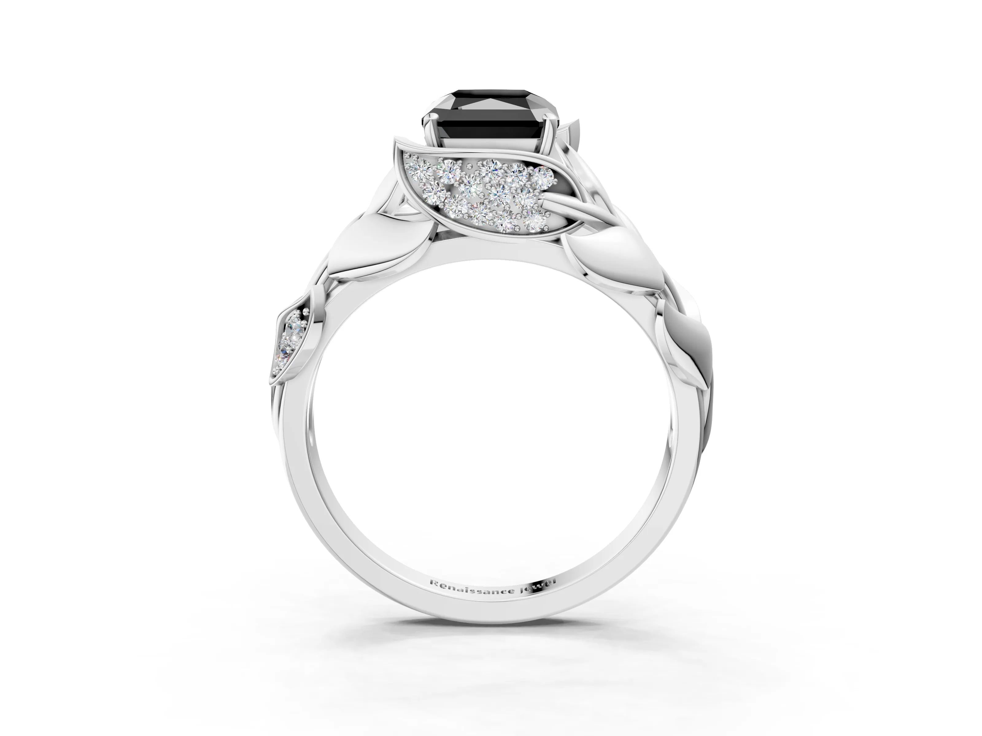 White gold Fancy Black Radiant Cut Solitaire Leaf-Inspired Engagement Ring with Prong Setting_3