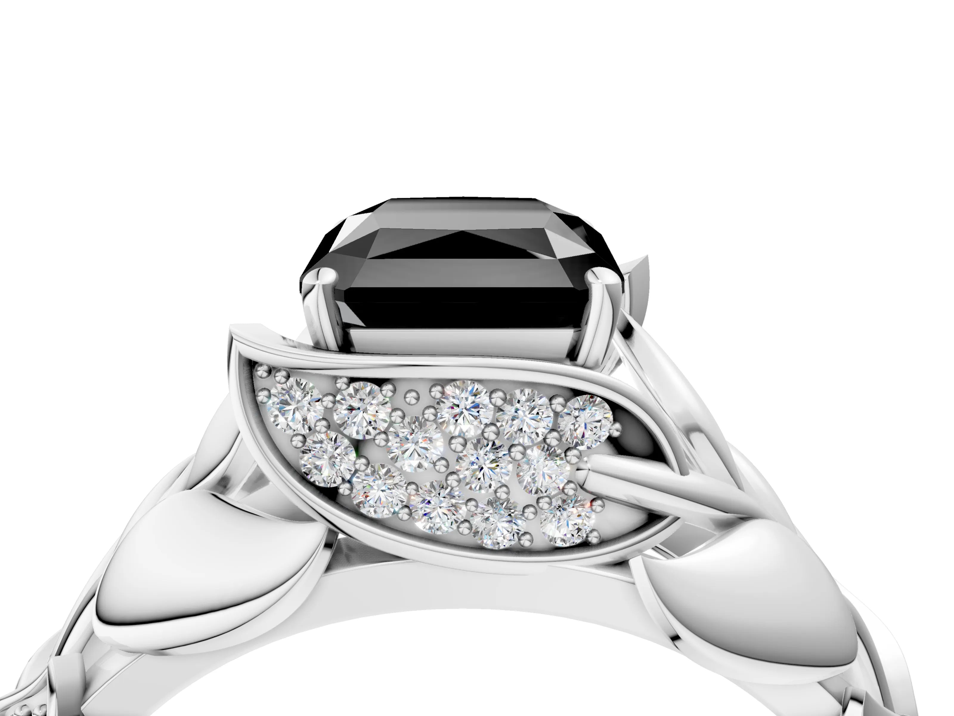 White gold Fancy Black Radiant Cut Solitaire Leaf-Inspired Engagement Ring with Prong Setting_4