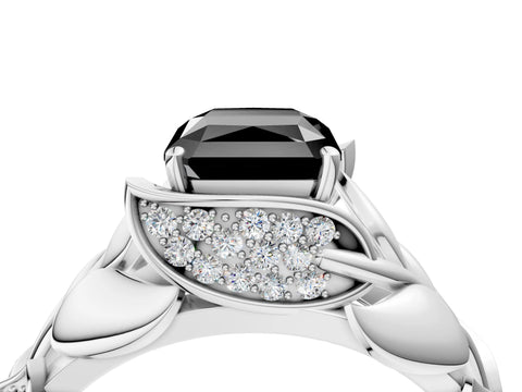 White gold Fancy Black Radiant Cut Solitaire Leaf-Inspired Engagement Ring with Prong Setting_4