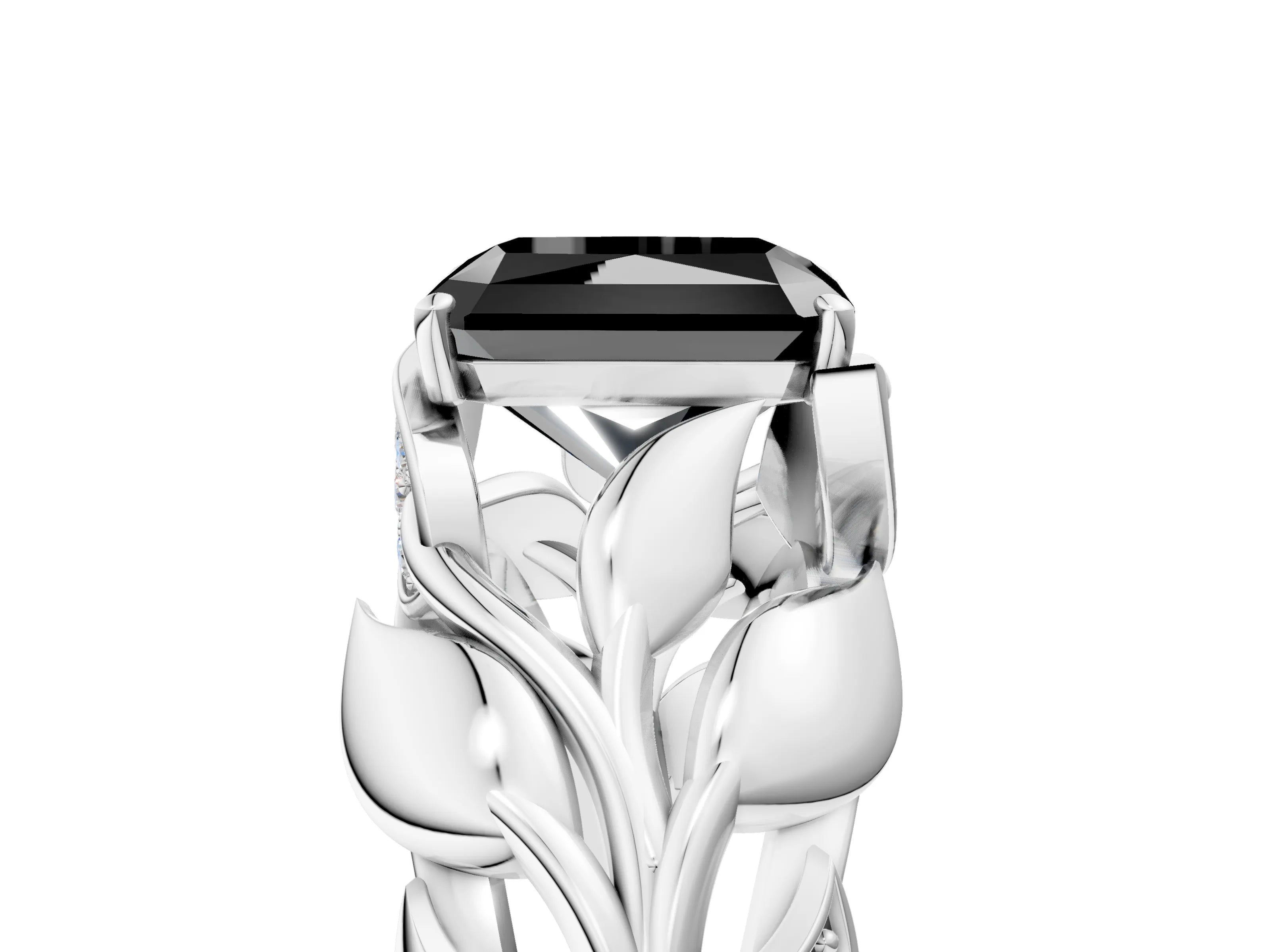 White gold Fancy Black Radiant Cut Solitaire Leaf-Inspired Engagement Ring with Prong Setting_5