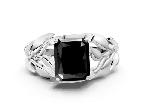 White gold Fancy Black Radiant Cut Solitaire Leaf-Inspired Engagement Ring with Prong Setting