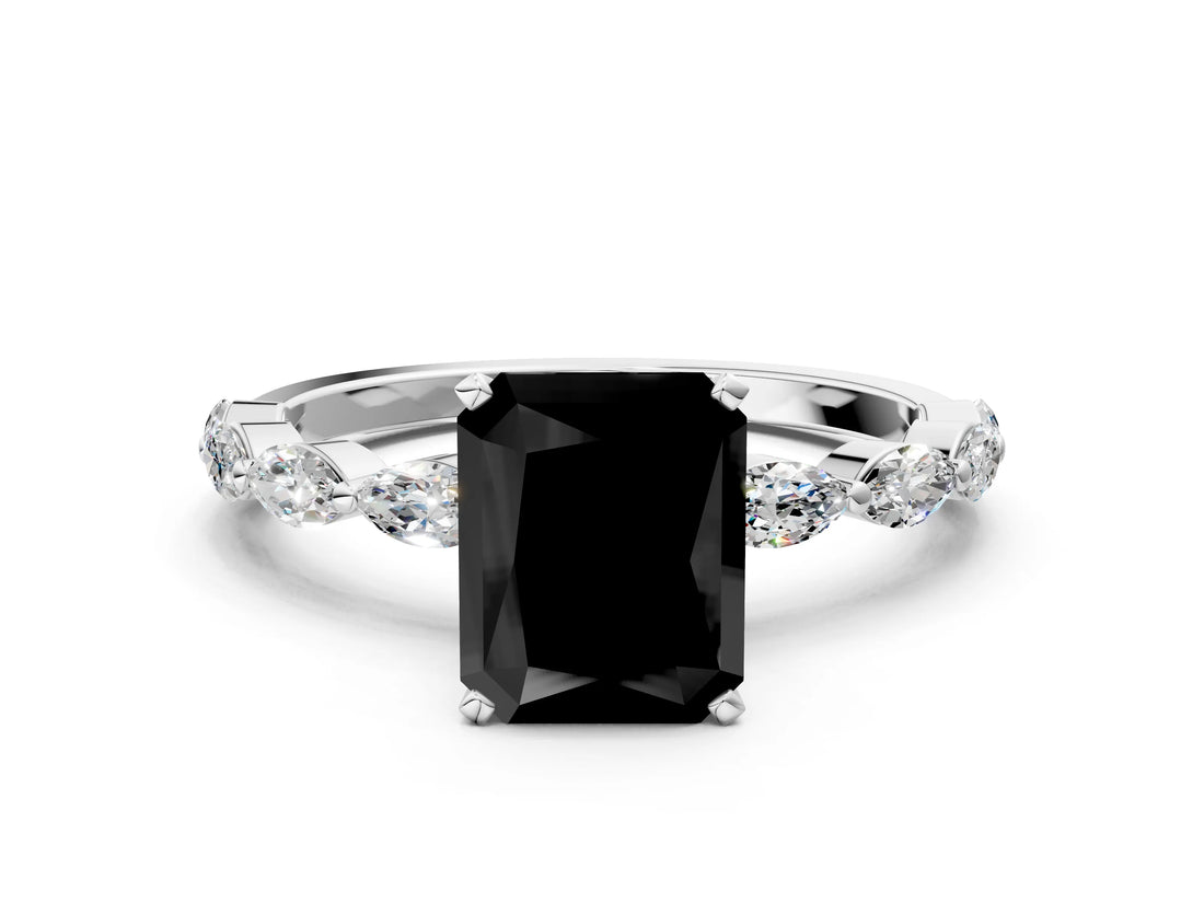 White gold Fancy Black Radiant Cut Solitaire Marquise Side Stone Prong Setting Ring