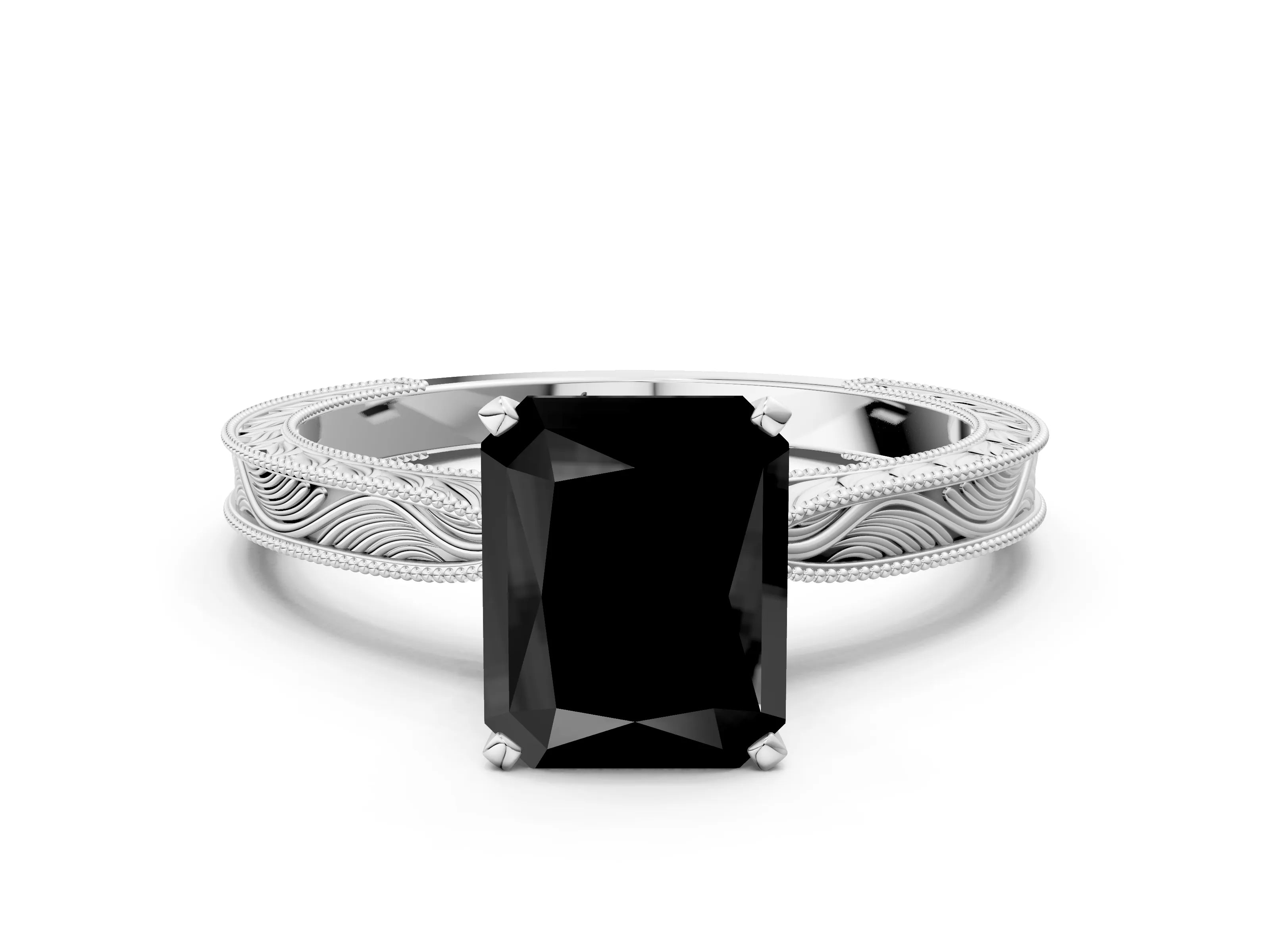 White gold Fancy Black Radiant Cut Solitaire Milgrain Engraved Band with Four-Prong Setting_12