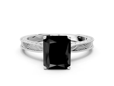 White gold Fancy Black Radiant Cut Solitaire Milgrain Engraved Band with Four-Prong Setting_12