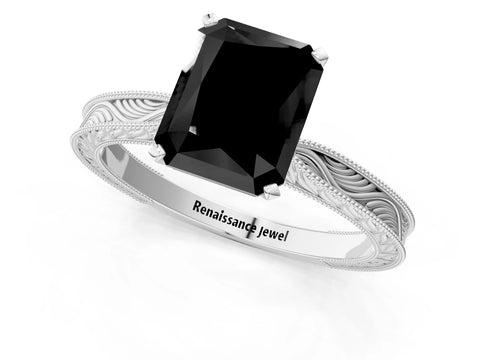 White gold Fancy Black Radiant Cut Solitaire Milgrain Engraved Band with Four-Prong Setting_13