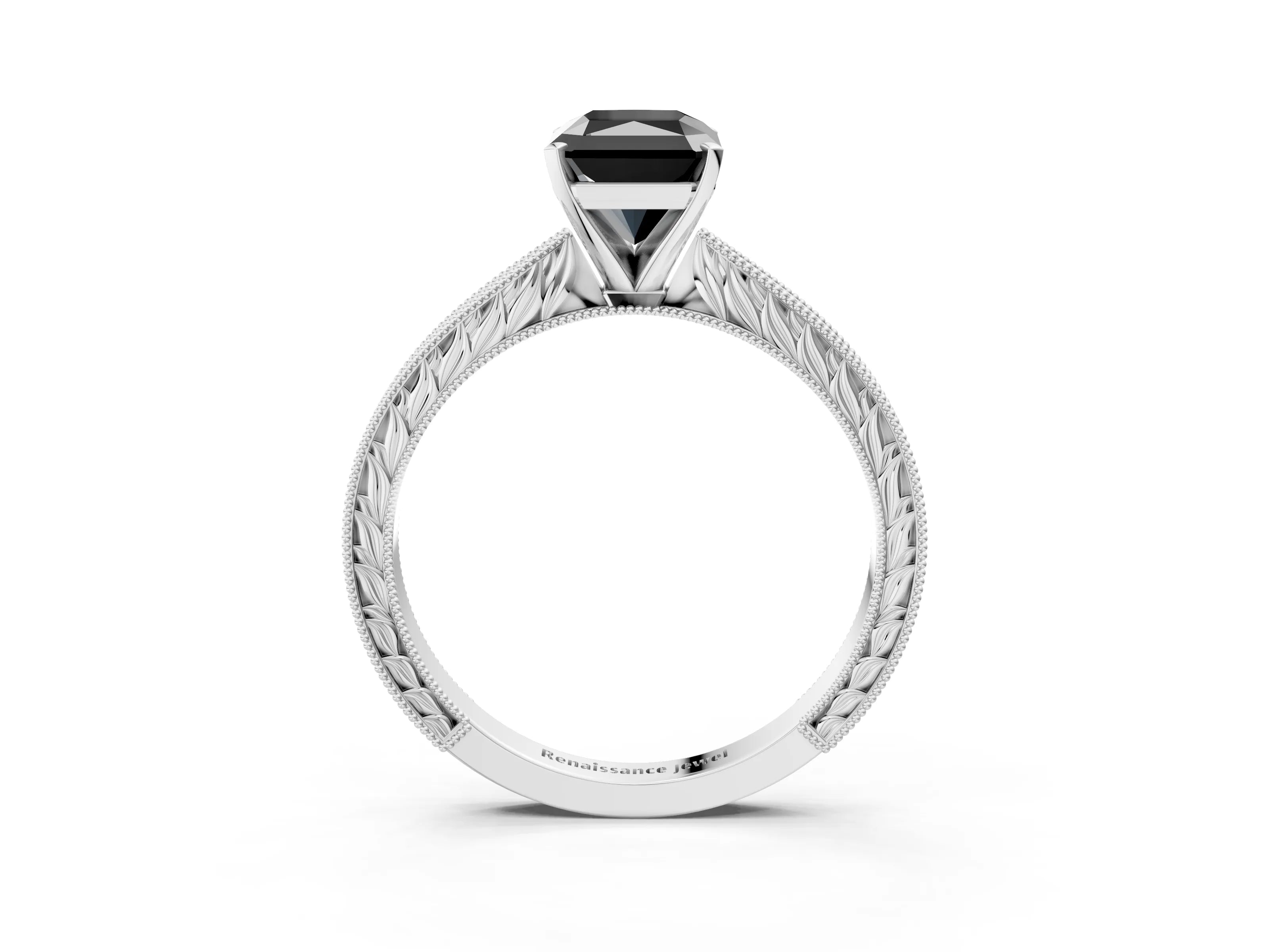 White gold Fancy Black Radiant Cut Solitaire Milgrain Engraved Band with Four-Prong Setting_15
