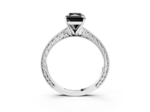 White gold Fancy Black Radiant Cut Solitaire Milgrain Engraved Band with Four-Prong Setting_15