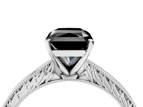 White gold Fancy Black Radiant Cut Solitaire Milgrain Engraved Band with Four-Prong Setting_16