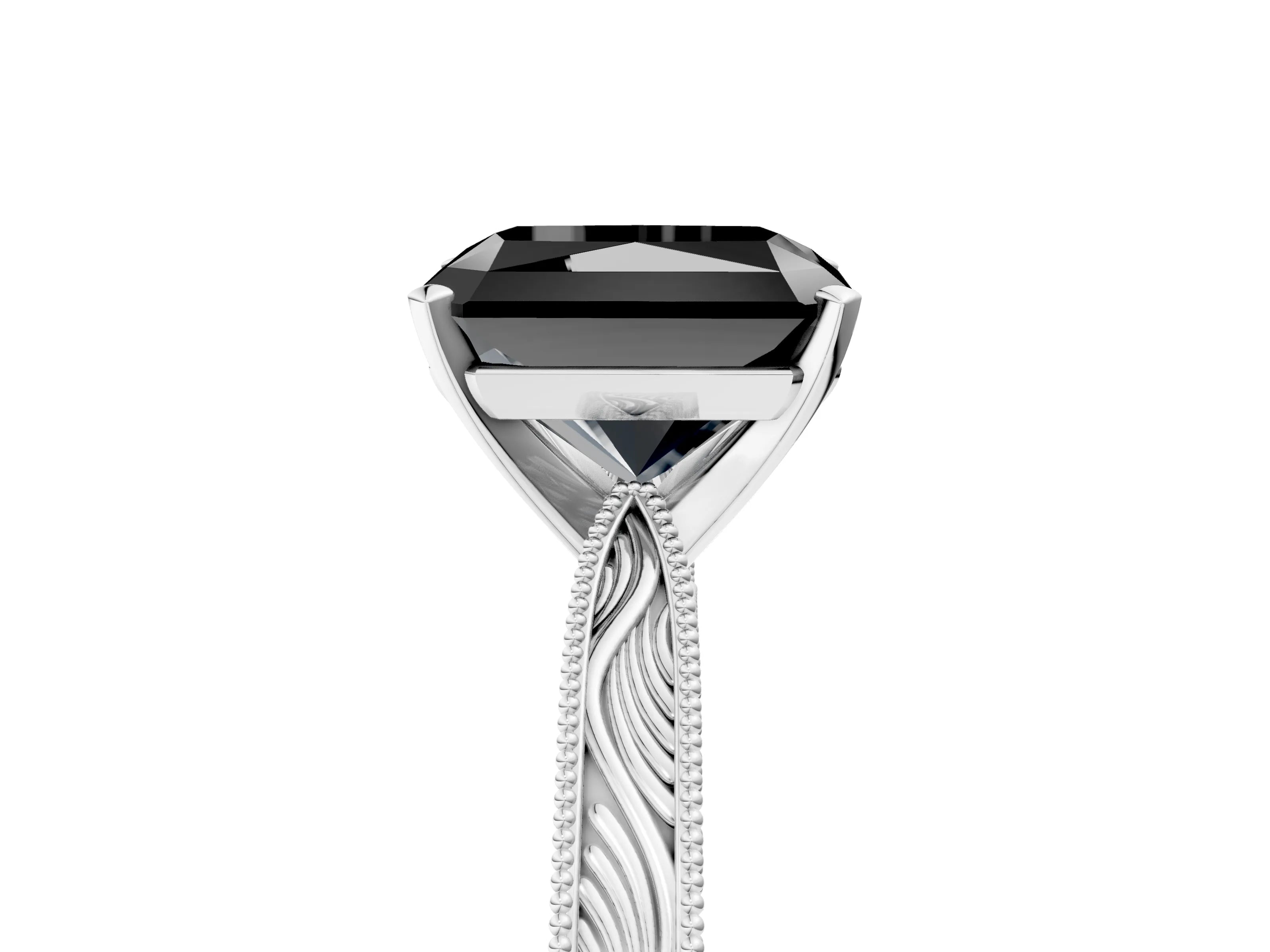 White gold Fancy Black Radiant Cut Solitaire Milgrain Engraved Band with Four-Prong Setting_17