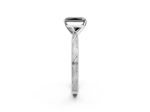 White gold Fancy Black Radiant Cut Solitaire Milgrain Engraved Band with Four-Prong Setting_2