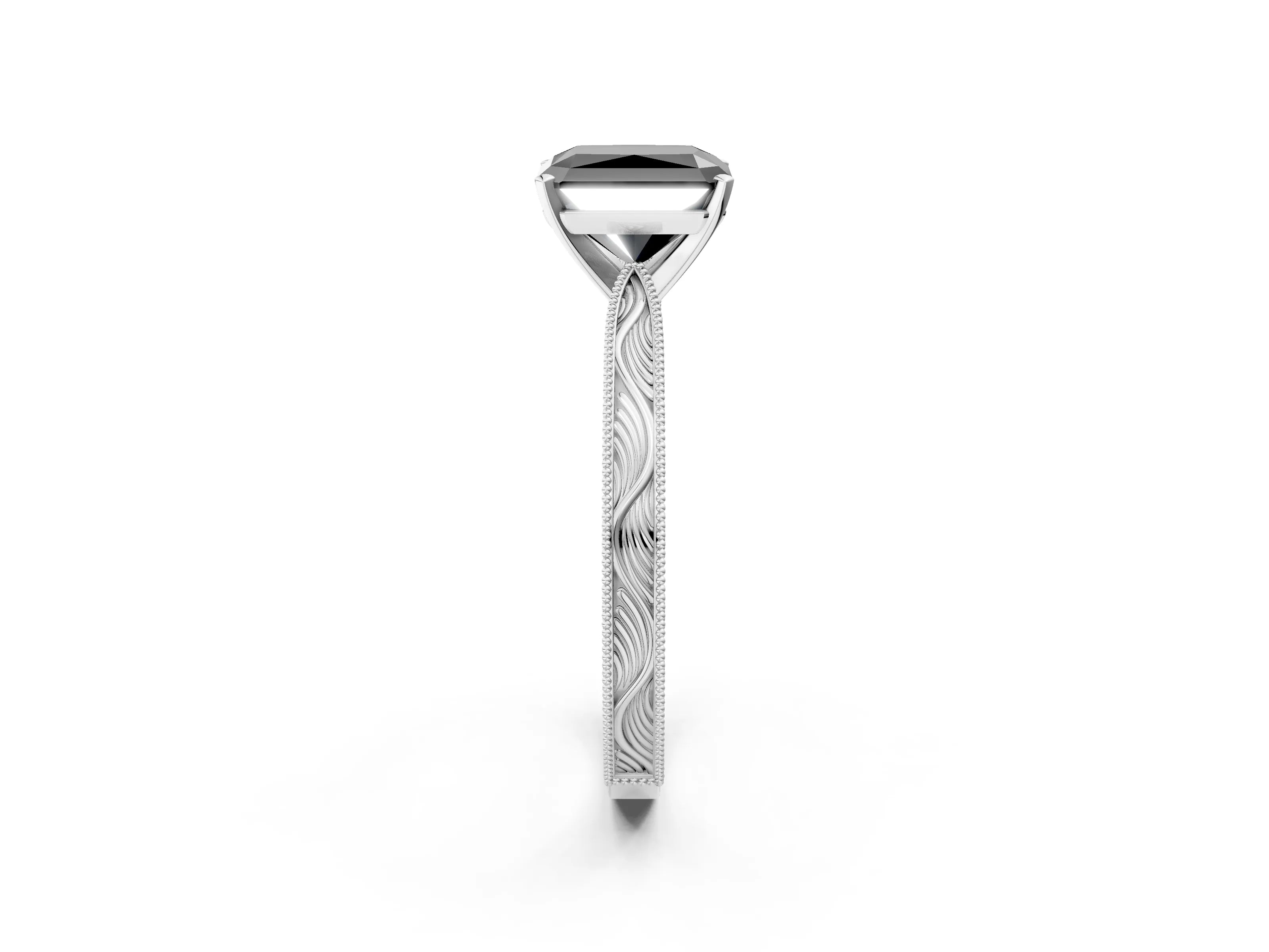 White gold Fancy Black Radiant Cut Solitaire Milgrain Engraved Band with Four-Prong Setting_2
