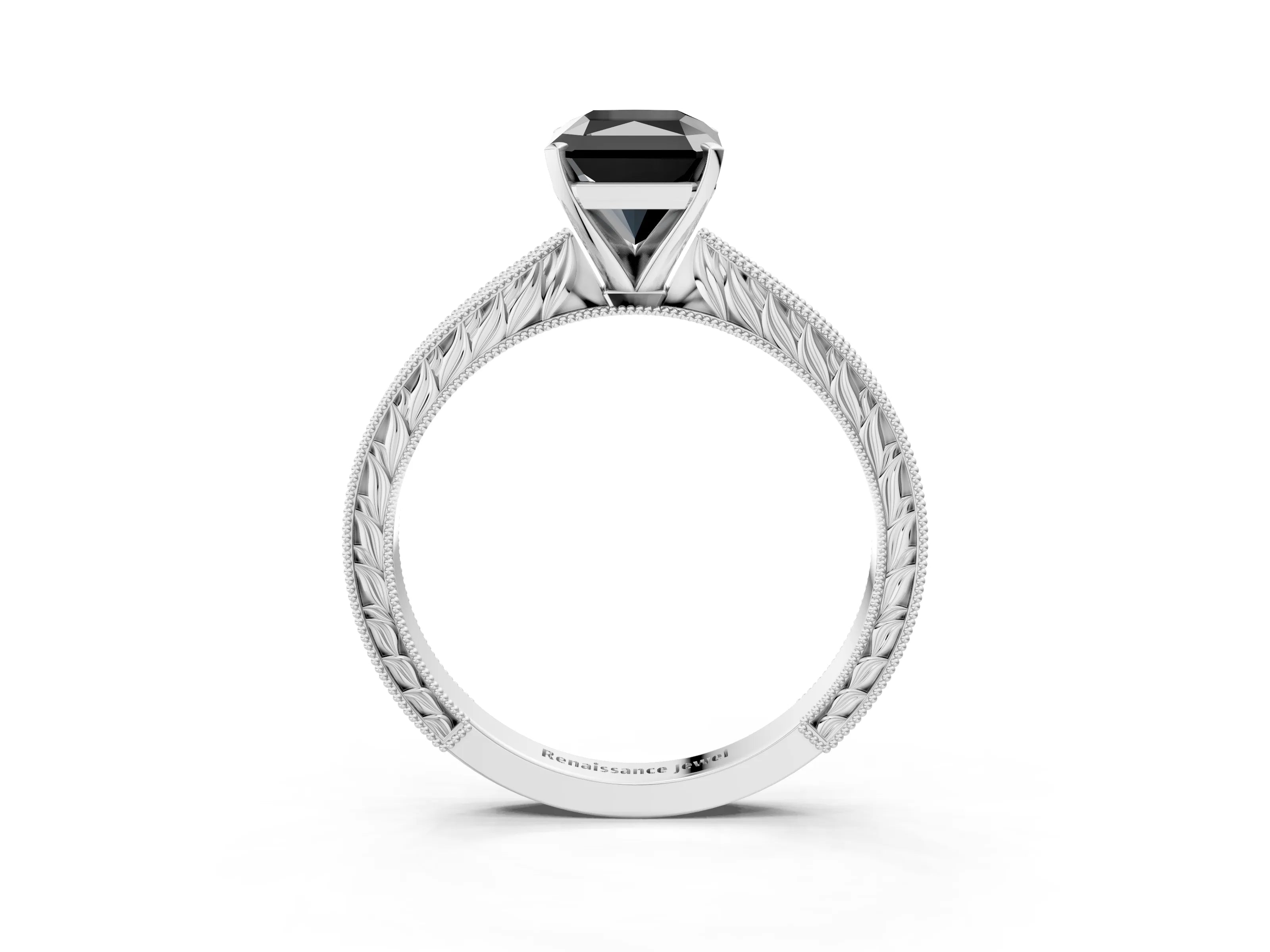 White gold Fancy Black Radiant Cut Solitaire Milgrain Engraved Band with Four-Prong Setting_3