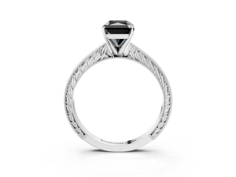 White gold Fancy Black Radiant Cut Solitaire Milgrain Engraved Band with Four-Prong Setting_3