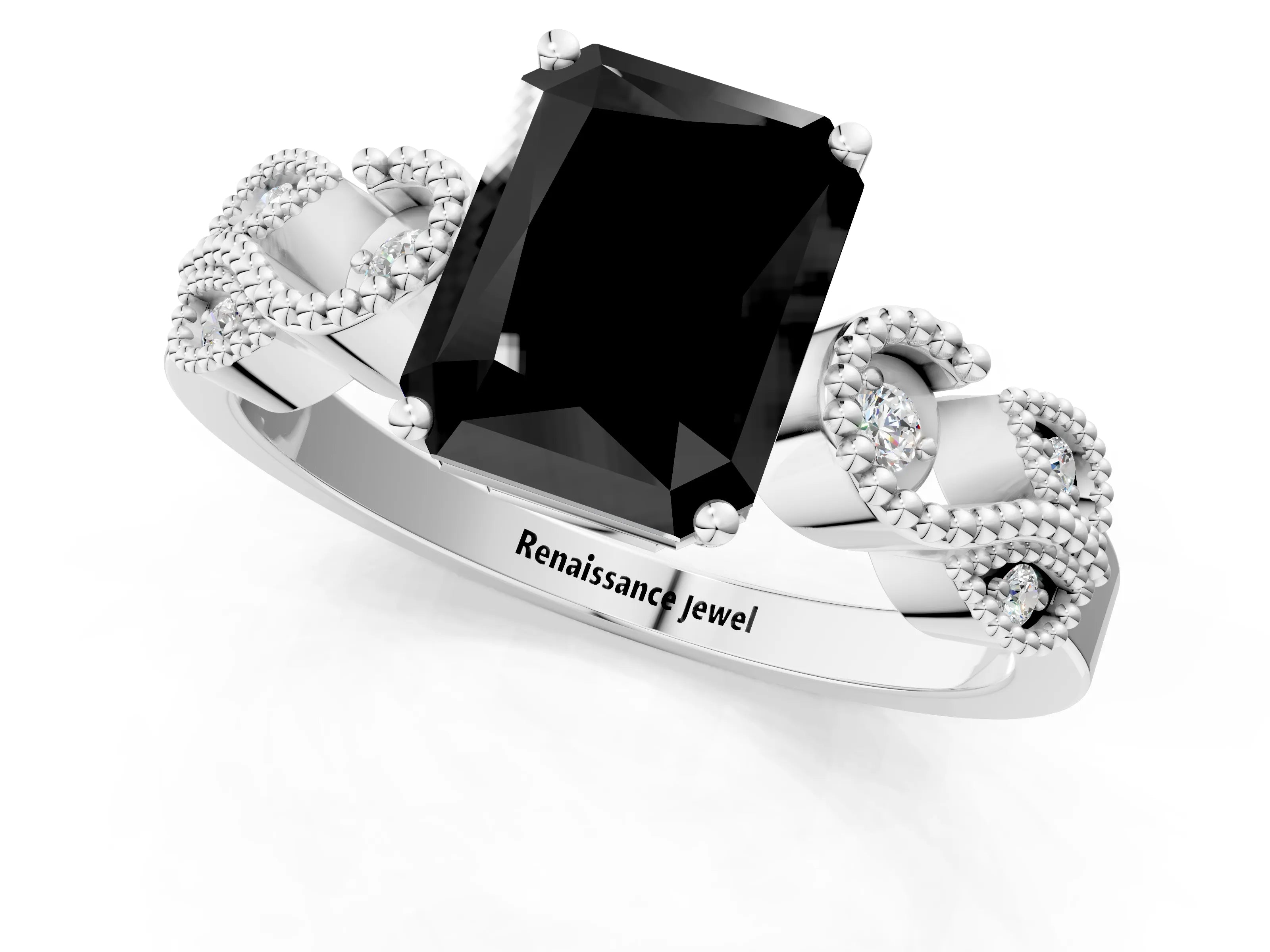 White gold Fancy Black Radiant Cut Solitaire Milgrain Leaf Band with Prong Setting_13