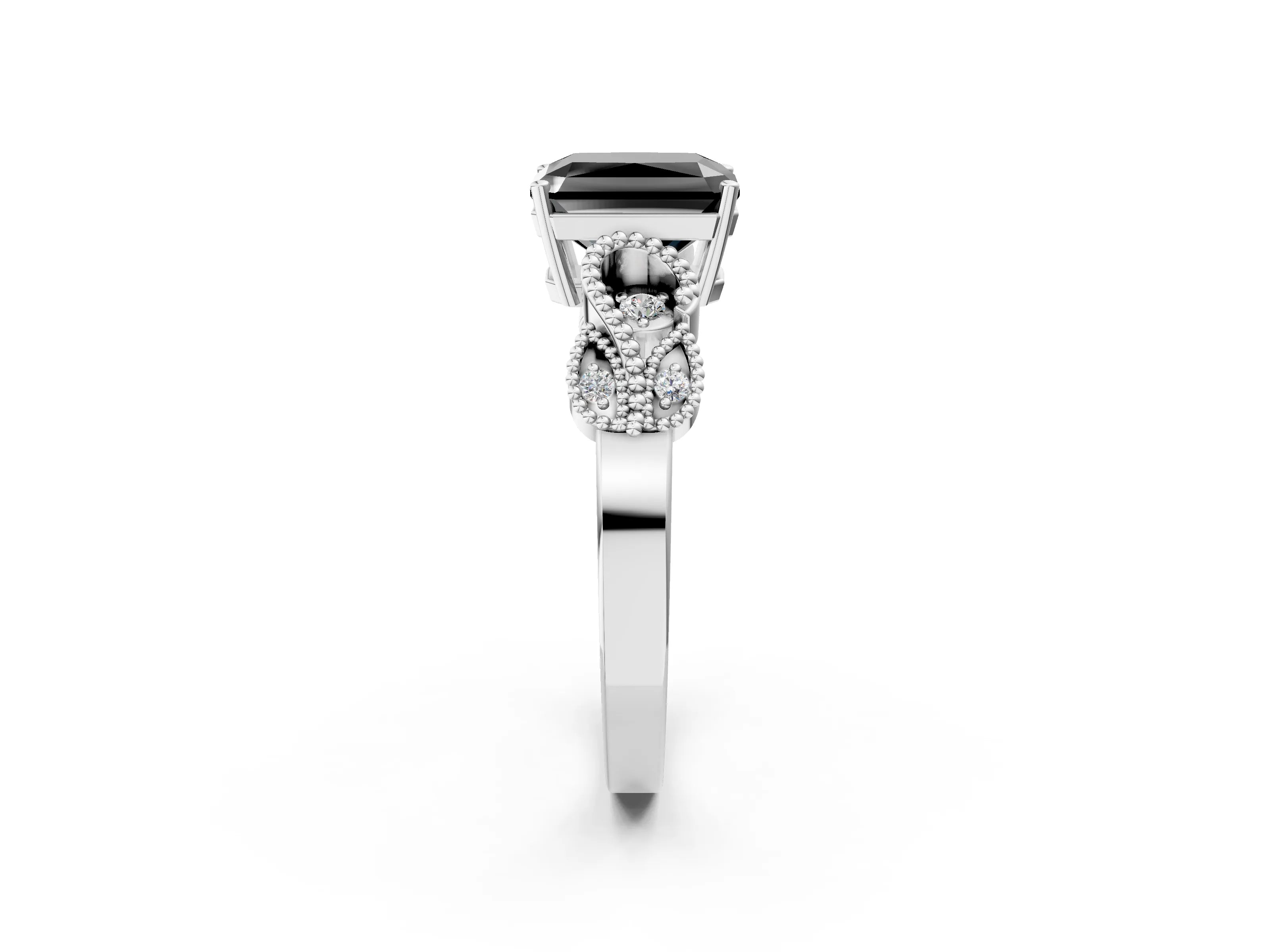 White gold Fancy Black Radiant Cut Solitaire Milgrain Leaf Band with Prong Setting_14