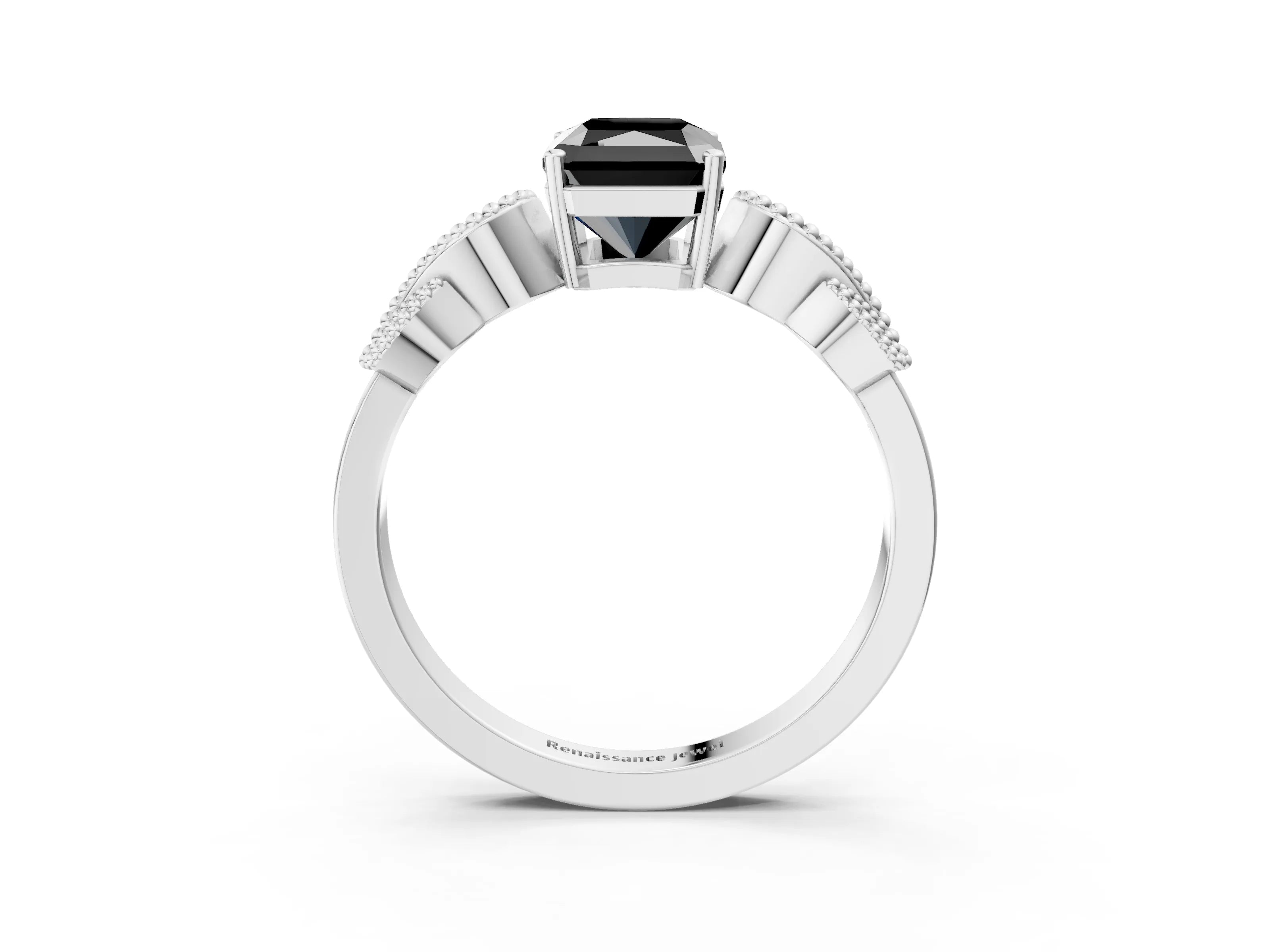 White gold Fancy Black Radiant Cut Solitaire Milgrain Leaf Band with Prong Setting_3
