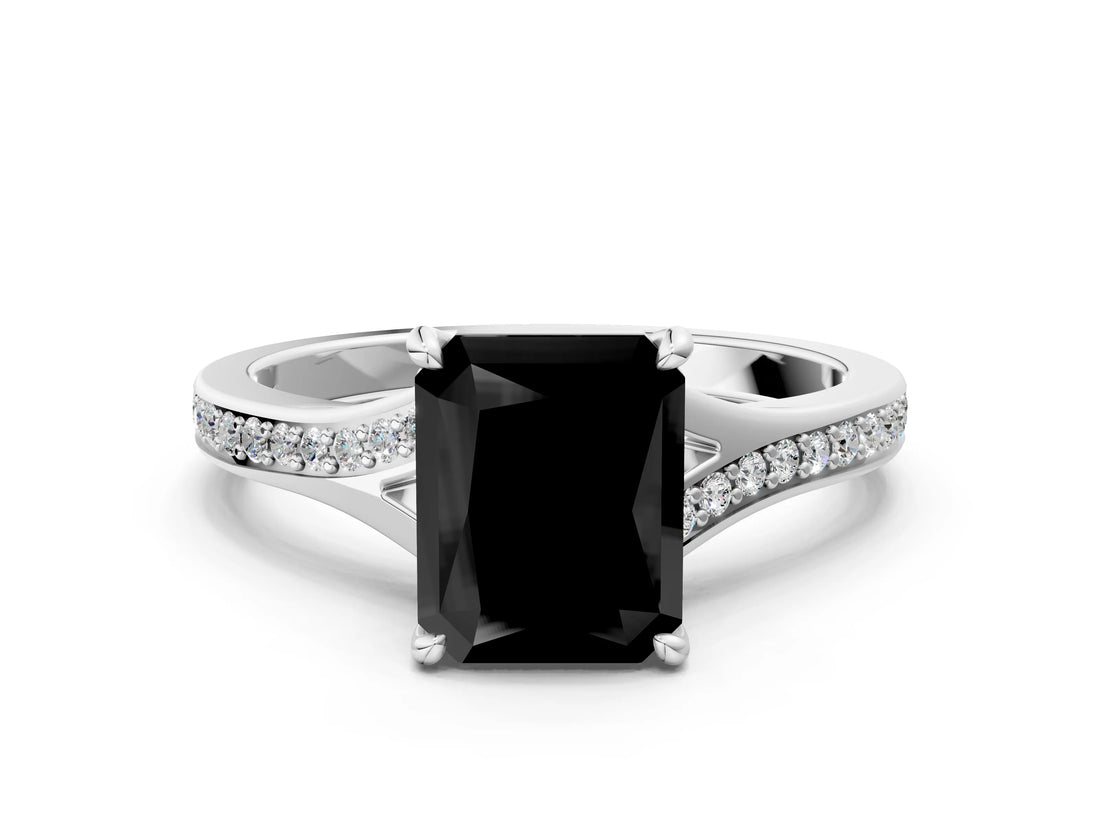 White gold Fancy Black Radiant Cut Solitaire Pavé Band with Four-Prong Setting