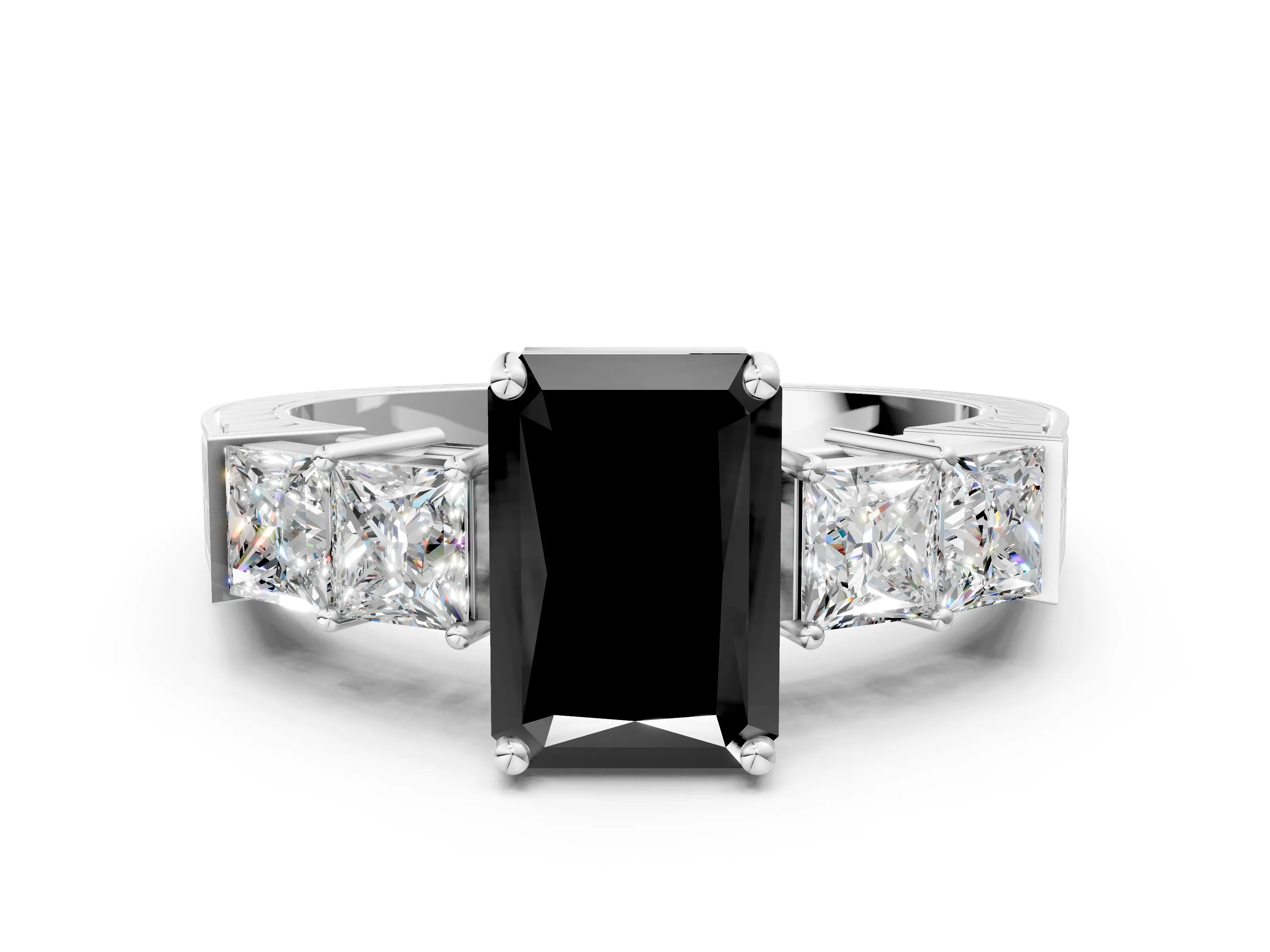 White gold Fancy Black Radiant Cut Solitaire Princess Side Stone Engraved Band Prong Setting Ring_12