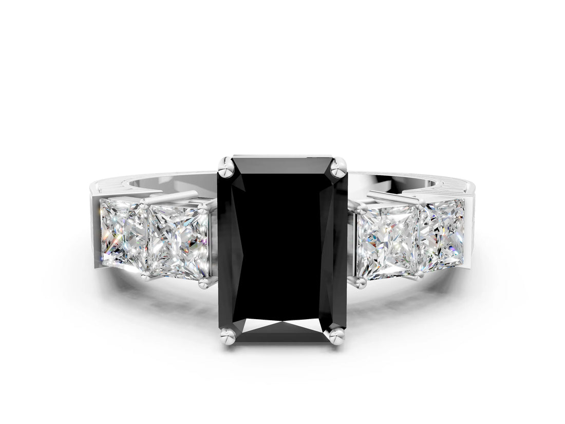 White gold Fancy Black Radiant Cut Solitaire Princess Side Stone Engraved Band Prong Setting Ring_12