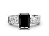 White gold Fancy Black Radiant Cut Solitaire Princess Side Stone Engraved Band Prong Setting Ring_12