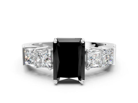White gold Fancy Black Radiant Cut Solitaire Princess Side Stone Engraved Band Prong Setting Ring_12