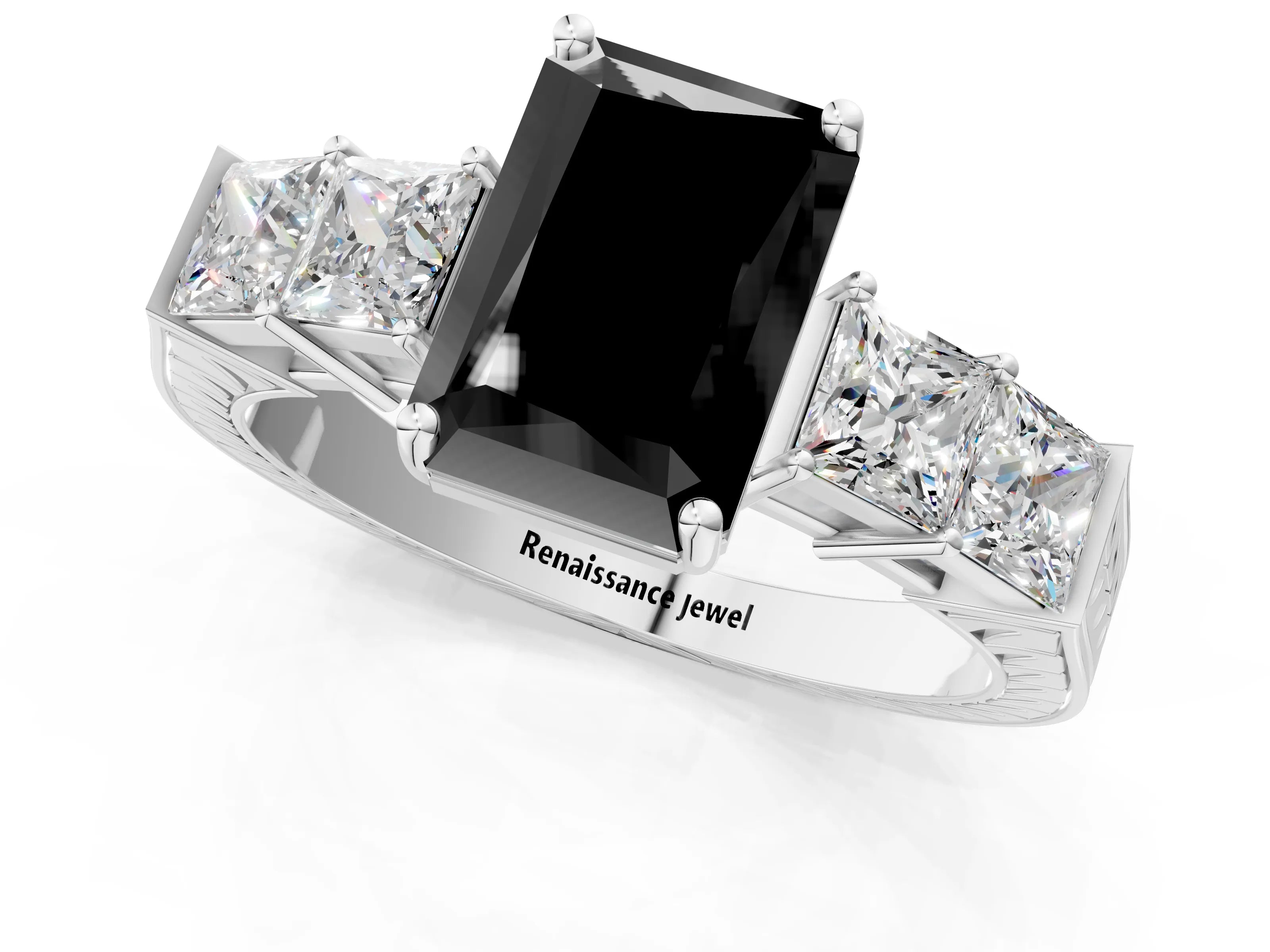 White gold Fancy Black Radiant Cut Solitaire Princess Side Stone Engraved Band Prong Setting Ring_13