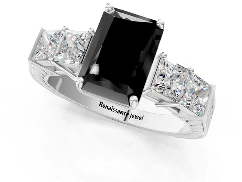 White gold Fancy Black Radiant Cut Solitaire Princess Side Stone Engraved Band Prong Setting Ring_13
