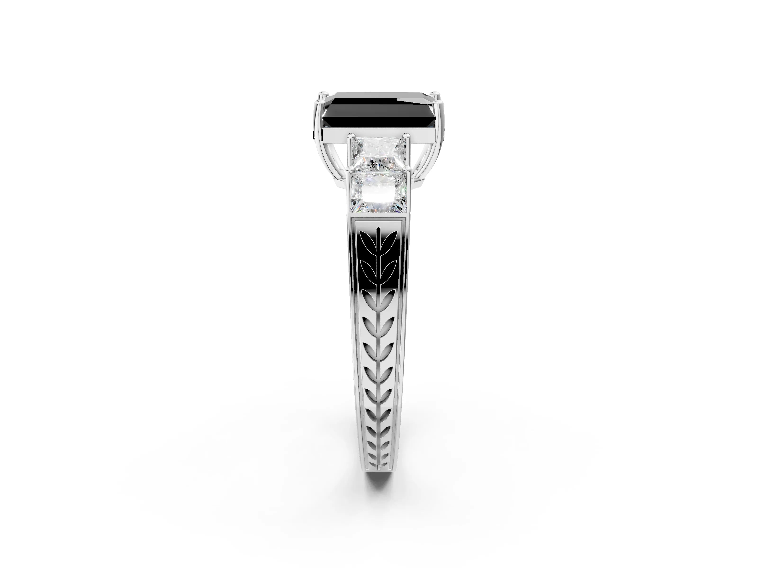 White gold Fancy Black Radiant Cut Solitaire Princess Side Stone Engraved Band Prong Setting Ring_14