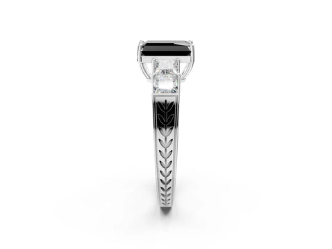 White gold Fancy Black Radiant Cut Solitaire Princess Side Stone Engraved Band Prong Setting Ring_14