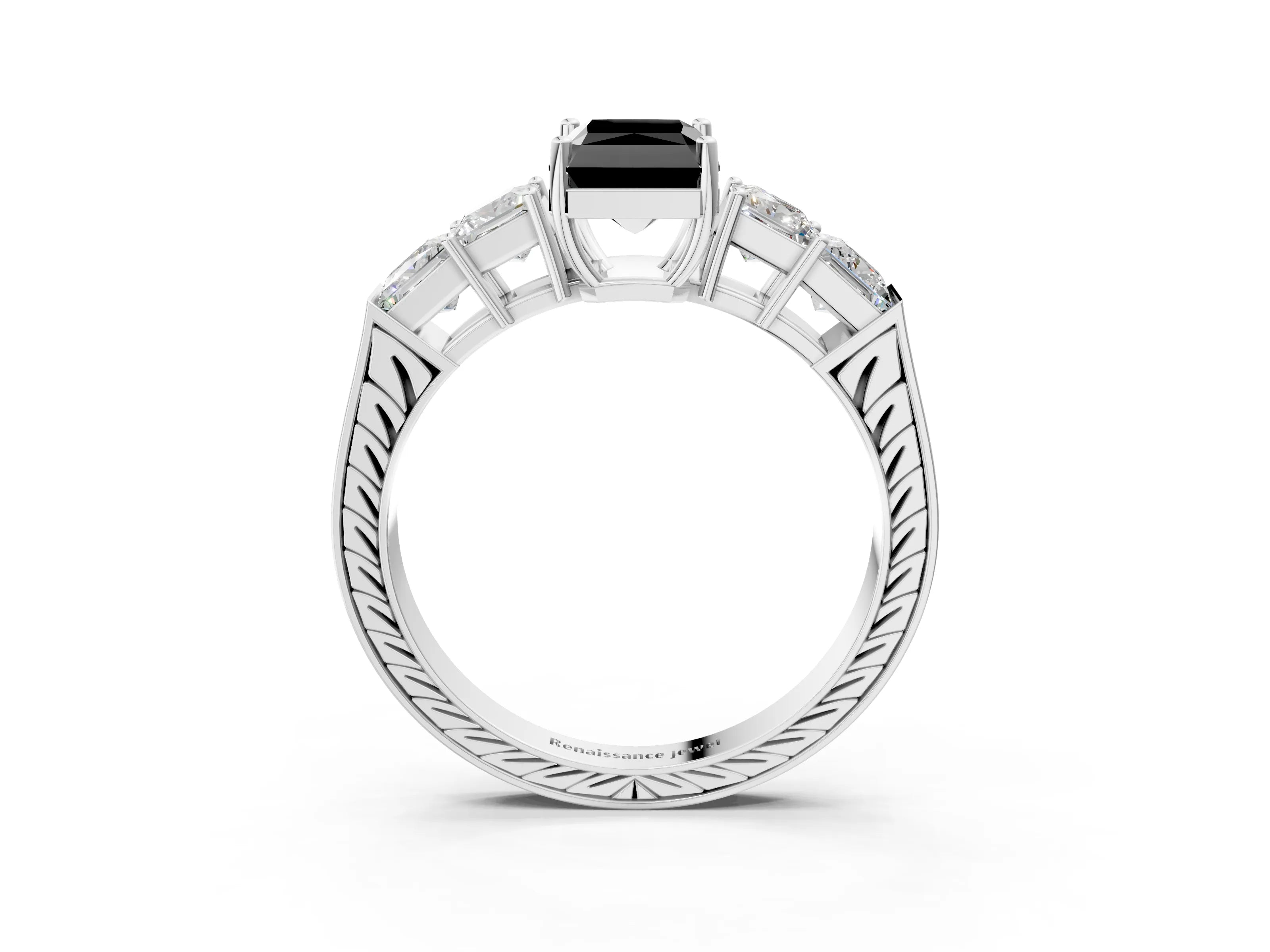 White gold Fancy Black Radiant Cut Solitaire Princess Side Stone Engraved Band Prong Setting Ring_15