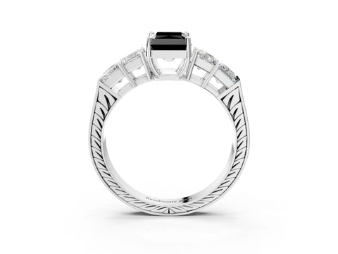 White gold Fancy Black Radiant Cut Solitaire Princess Side Stone Engraved Band Prong Setting Ring_15