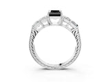 White gold Fancy Black Radiant Cut Solitaire Princess Side Stone Engraved Band Prong Setting Ring_15