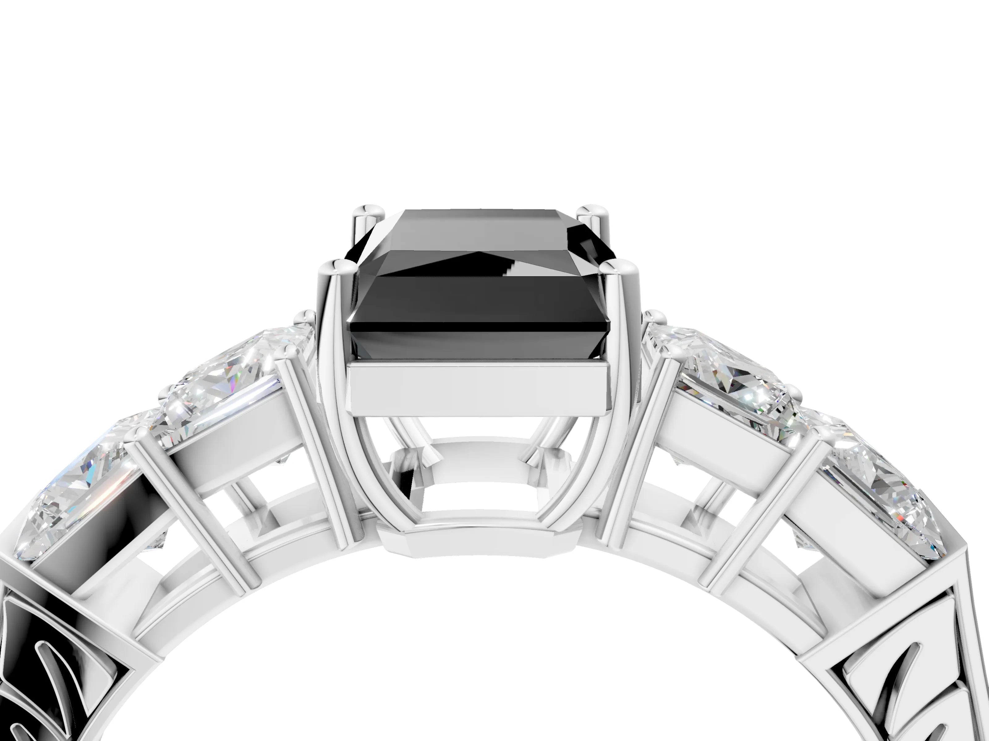White gold Fancy Black Radiant Cut Solitaire Princess Side Stone Engraved Band Prong Setting Ring_16