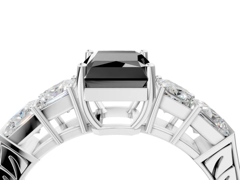 White gold Fancy Black Radiant Cut Solitaire Princess Side Stone Engraved Band Prong Setting Ring_16