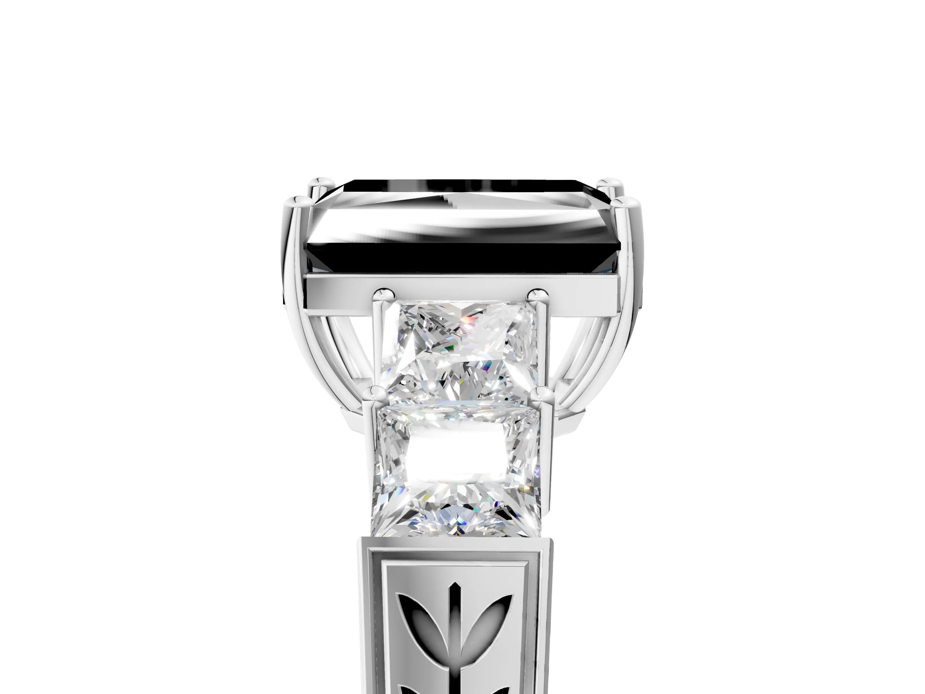 White gold Fancy Black Radiant Cut Solitaire Princess Side Stone Engraved Band Prong Setting Ring_17